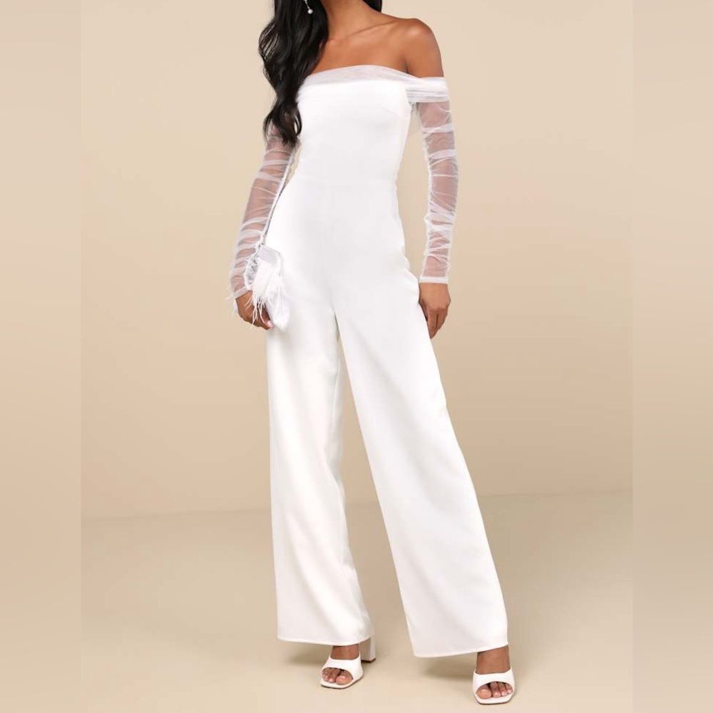 NWT Lulus Eternal Bliss White Tulle Off The Shoulder Wide Leg Jumpsuit Size XL